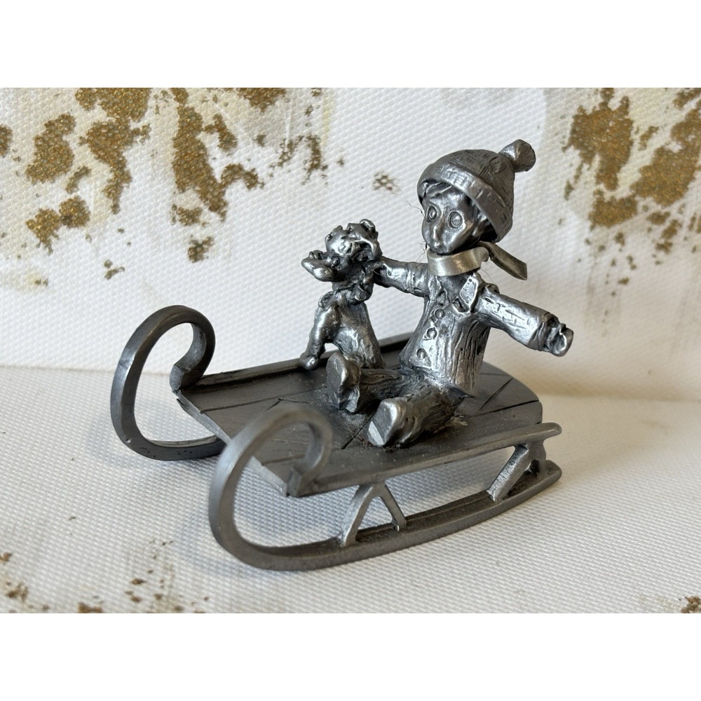 Vintage Julio Pewter 1320 Child Teddy Bear Sledding Figurine Winter Miniature